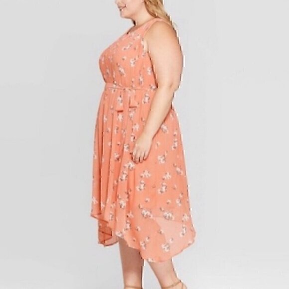 AVA & VIV Plus Size Floral Pleated Midi Dress Peach Pink Orange Hi-Lo 1X NO BELT - Picture 3 of 16